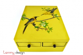 Yellow rectangular lacquer cabinet with 2 small drawers hand-painted with flowers and birds 22x28xH11 cm